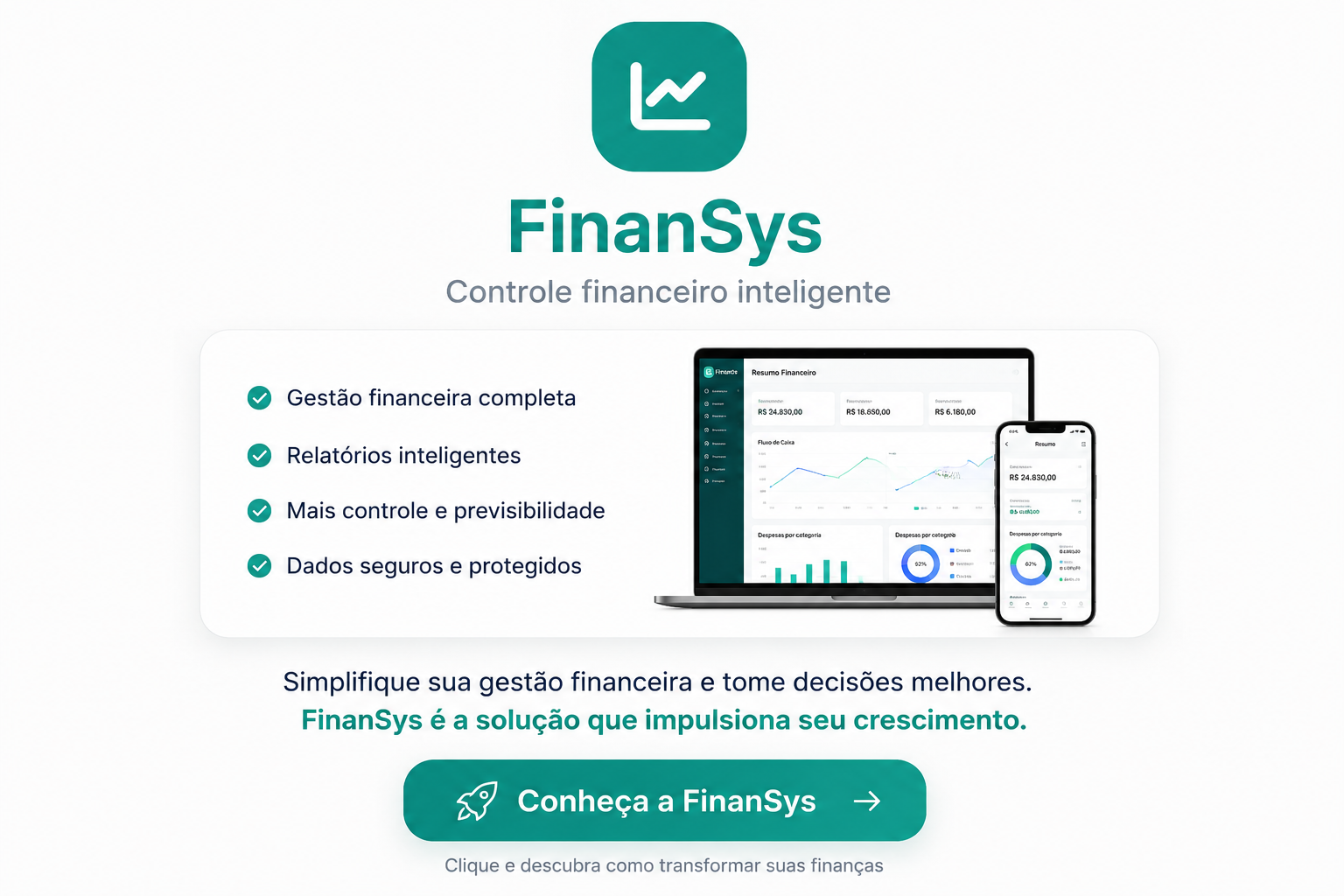 Apresentação FinanSys com painel desktop e mobile